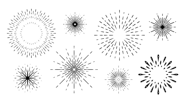 Vector set of sunburst design elements hand drawn rays of sun vintage frames for badges logos and labels