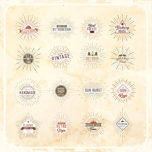 Set of sunburst rays with logo design elements on an old paper background.