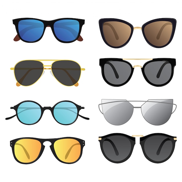 Set of sunglasses. Collection of stylish glasses. Avoid exposure to sunlight.