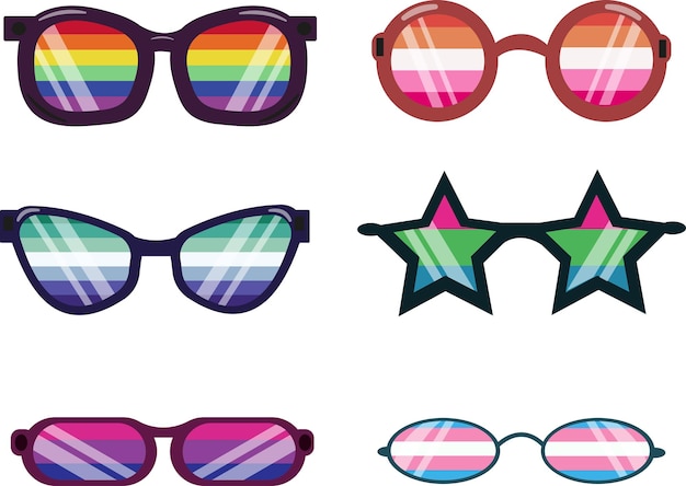 set of sunglasses of different shapes in the colors of the flags of LGBT communities