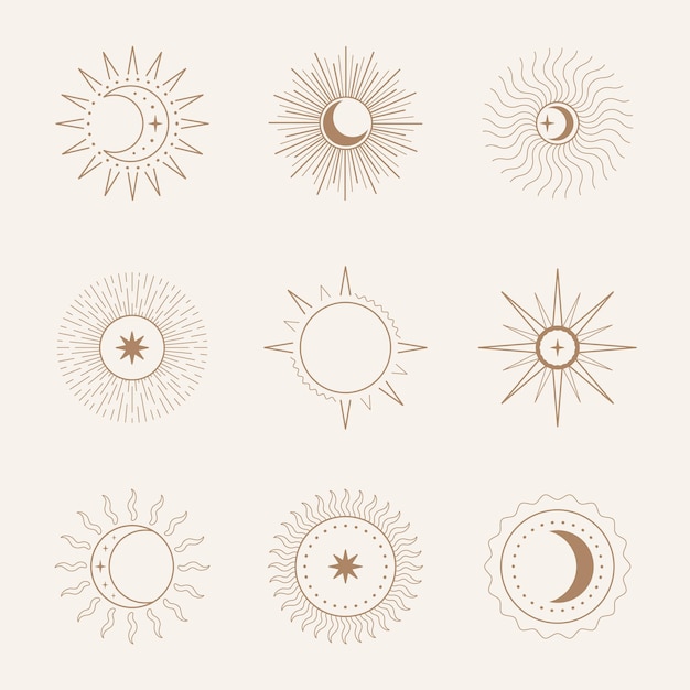 Set of suns in boho style isolated on beige