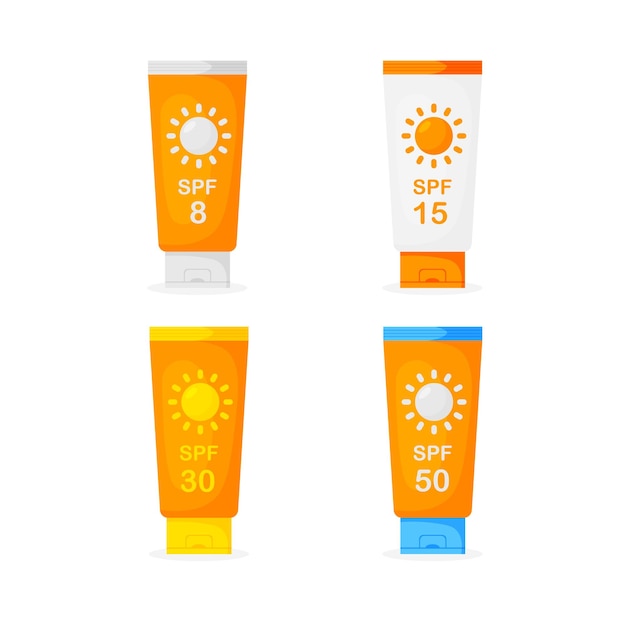 Set of sunscreen moisturizing cream tube in trendy style. SPF 8, 15, 30, 50. Protection for skin