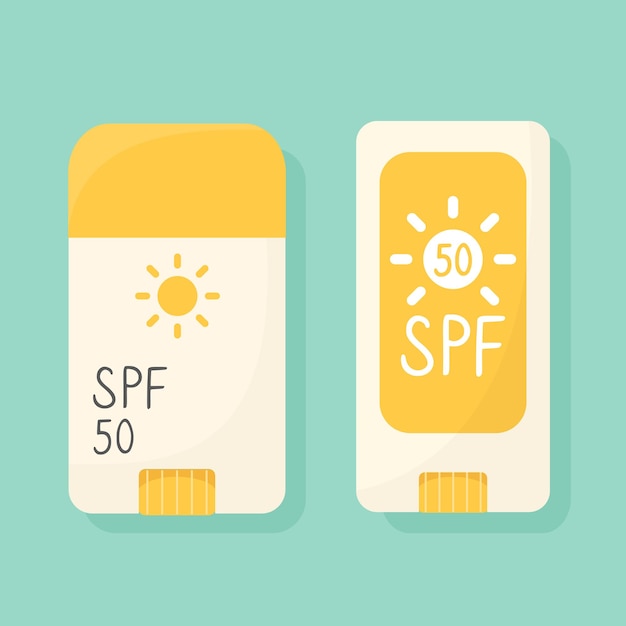 Set of sunscreen sticks sun protection product in a stick SPF cream in flat style