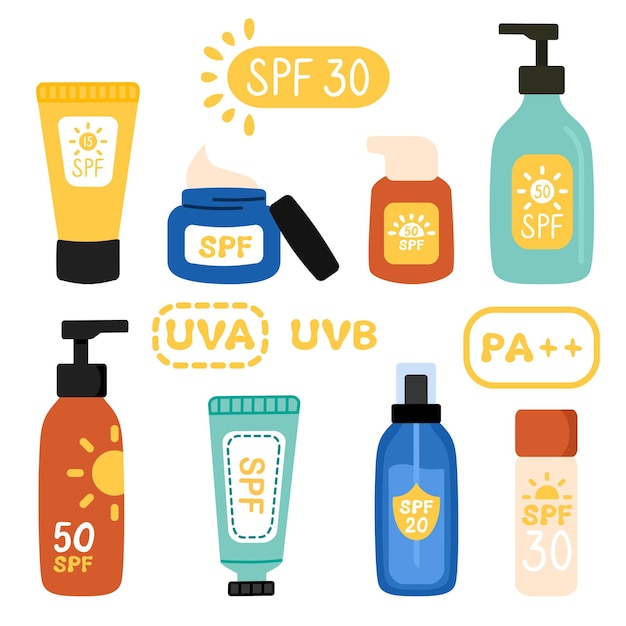 Set of sunscreen sun protection products in flat style Cream bottles and spray with SPF UVA UVB