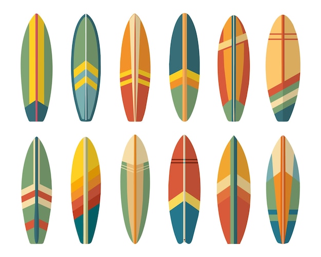 Set of surfboards Summer surfboard elements in colorful pattern design isolated on white background