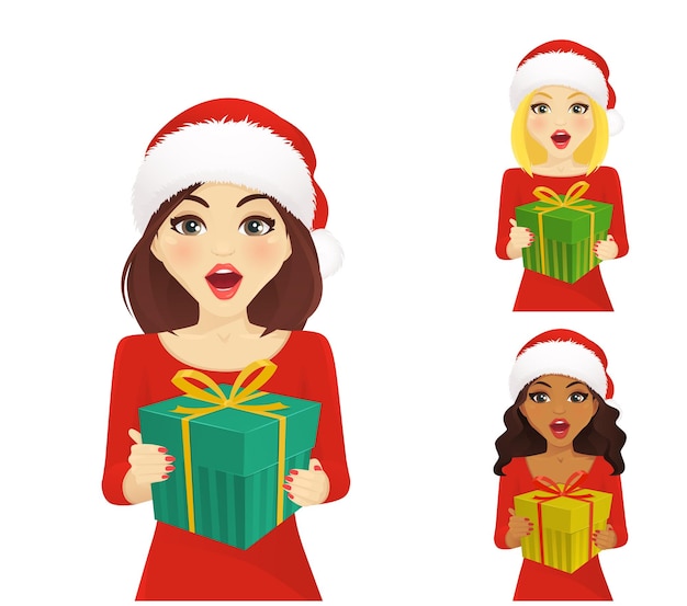 Set of surprised woman in christmas santa hat