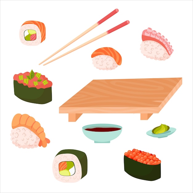 Set for sushi Different types of sushi and rolls Traditional Japanese roll with tobiko caviar original with Philadelphia cheese and soy sauce salmon and king prawns Vector illustration