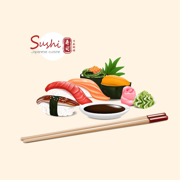 Set of sushi japanese traditional food with different kind vector illustration japanese text mean sushi japanese cuisine