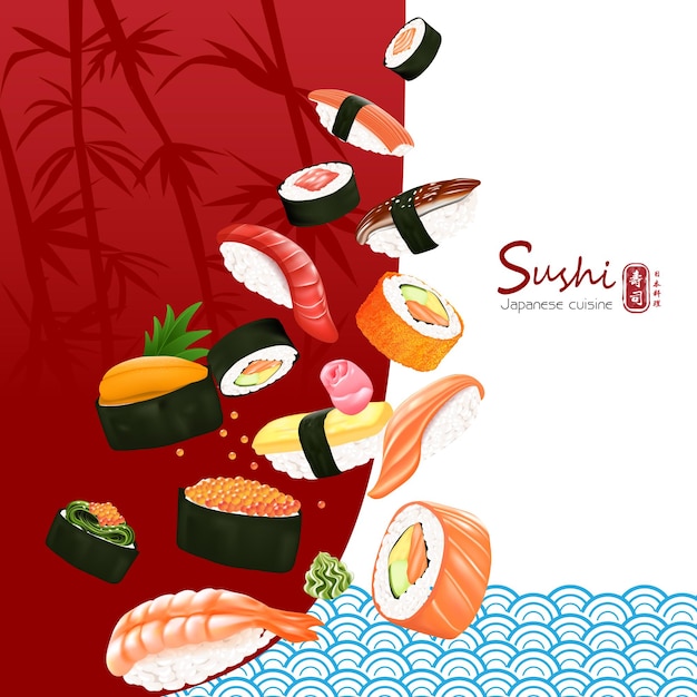 Set of sushi japanese traditional food with different kind vector illustration japanese text mean sushi japanese cuisine