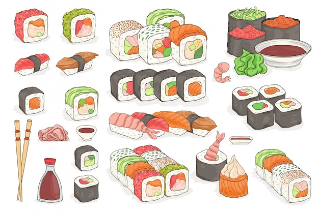 Set of sushi, rolls, wasabi, soy sauce, ginger, chopsticks. Traditional japanese seafood dishes. Hand drawn elements,   colorful illustration collection.