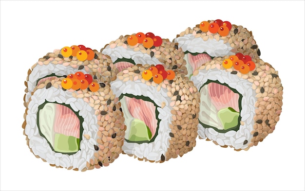 Set of sushi rolls with cucumber cream cheese sesame and yellowtail Isolated vector illustration