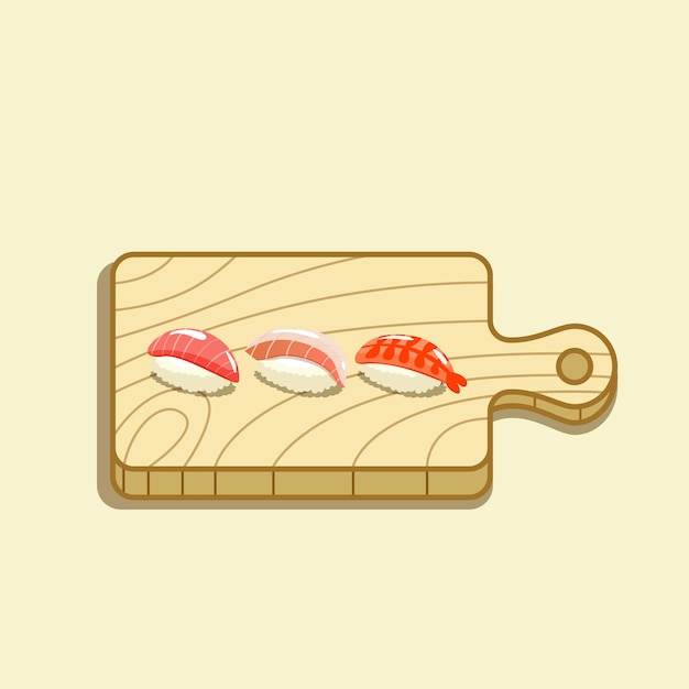 Set of sushi on wooden cutting board with tuna shrimp and tai sushi cooking asian food concept