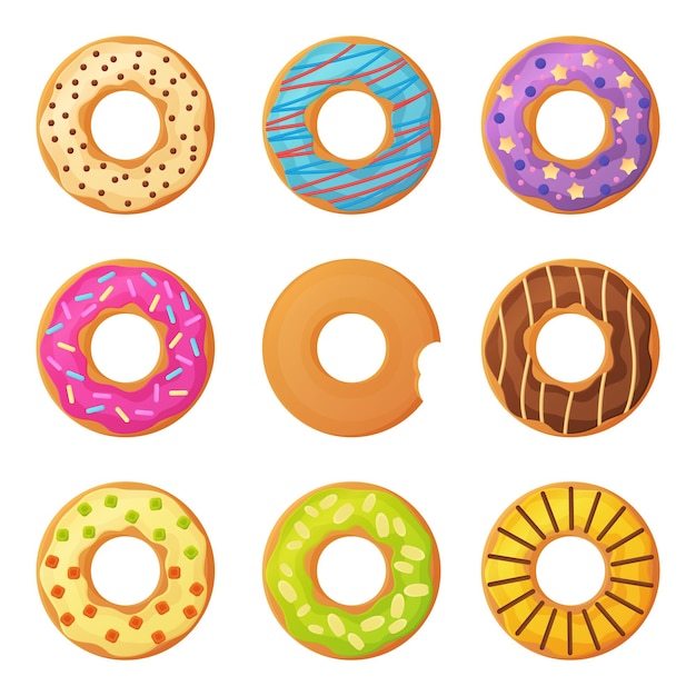 Set of sweet colorful glazed doughnuts set with sprinkles