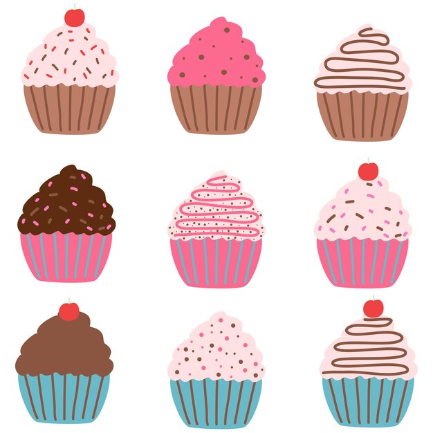 Vector set of sweet cupcakes for dessert illustration