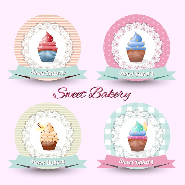 Set of sweet cupcakes with different flavor in vector illustration