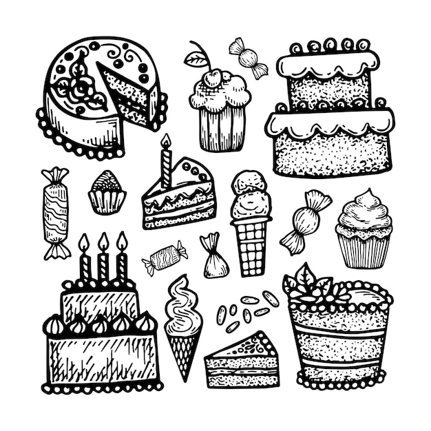 Set sweets Birthday cake cupcake candy ice cream lollipops holiday party Hand drawn line doodle