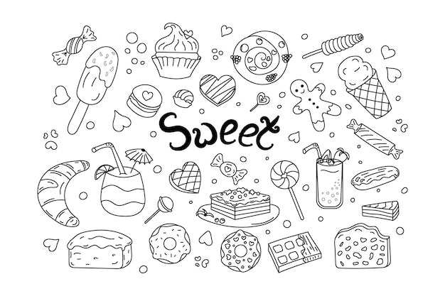 Set sweets doodle Black and white line Vector illustration Food Sweets dessert chocolate cakes