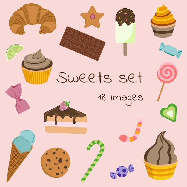 Set of sweets and pastries in vector Icons and logo. Seamless vector pattern.