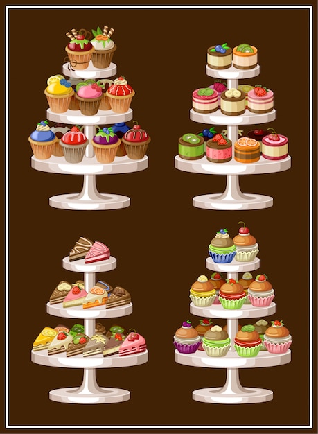 Vector set of sweets on plates. vector illustration