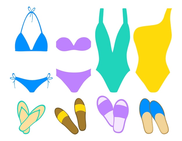 Set of swimsuit  and flip flops. Beachwear. Clothes. Colourful collection. Flat art. Vector objects.