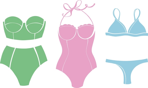 A set of swimwear in a modern style Different models of women's swimwear Summer beach vector concept