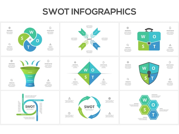 Set swot diagram with 4 steps options parts or processes Threats weaknesses strengths opportunities of the company