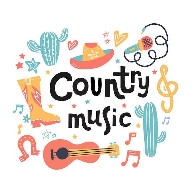 Set of symbols on country music theme with drawn lettering. 