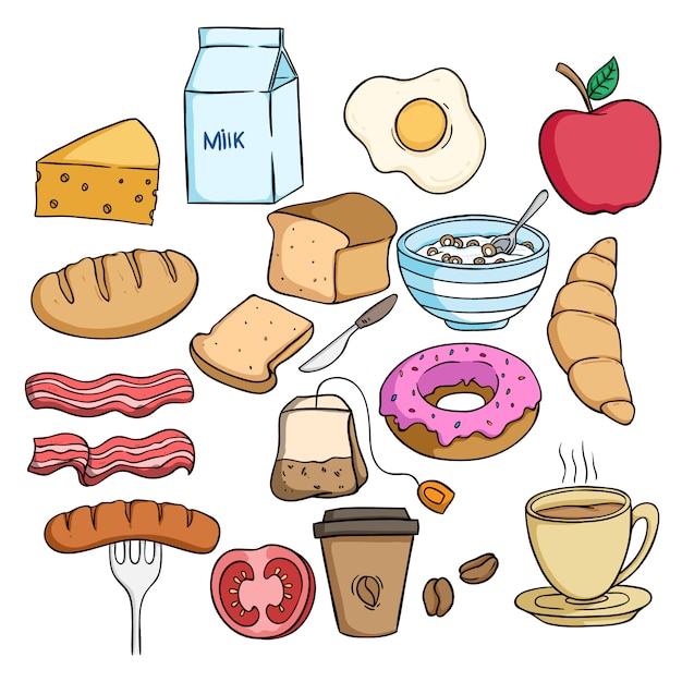 set of tasty breakfast food with colored doodle style on white 