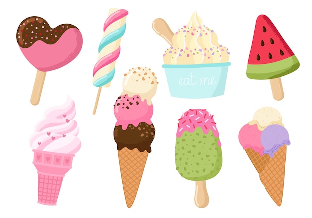 Vector set of tasty ice cream stickers yummy street food confectionery snacks