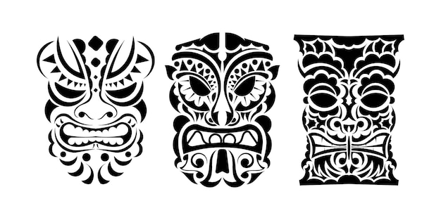 Set of tattoo faces or masks in ornament style of Polynesia Maori or Hawaiian tribes Vector