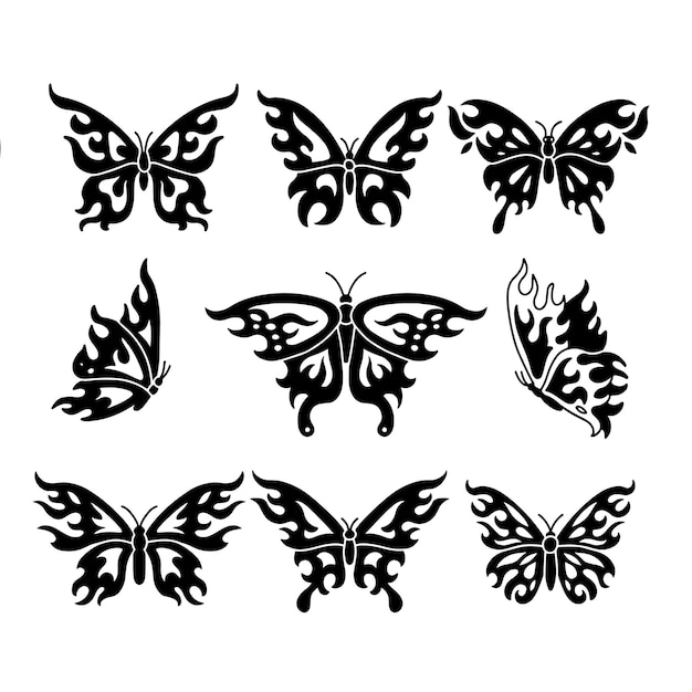 Set of tattoo with abstract flaming butterfly black silhouettes isolated on white background symmetr