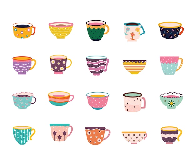 Set of tea and coffee cups on a white background