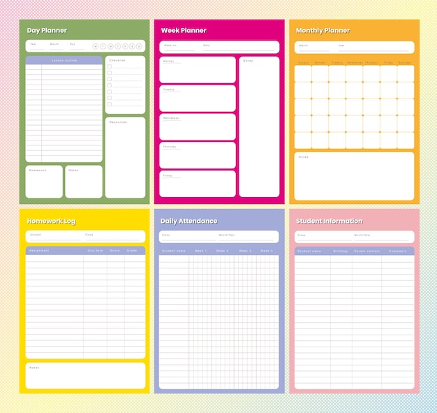 Set of teacher and student school planner vector template on colorful gradient background