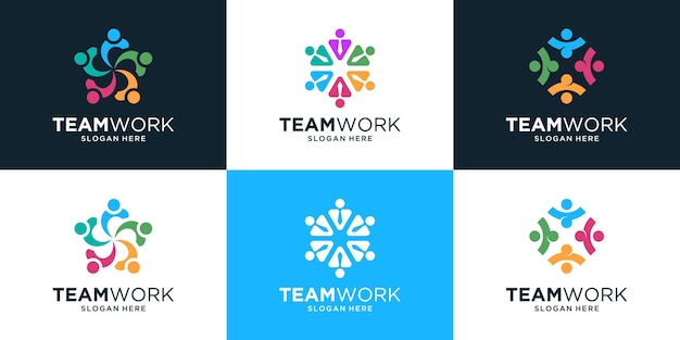 Set of teamwork logo with people group in colorful design style.