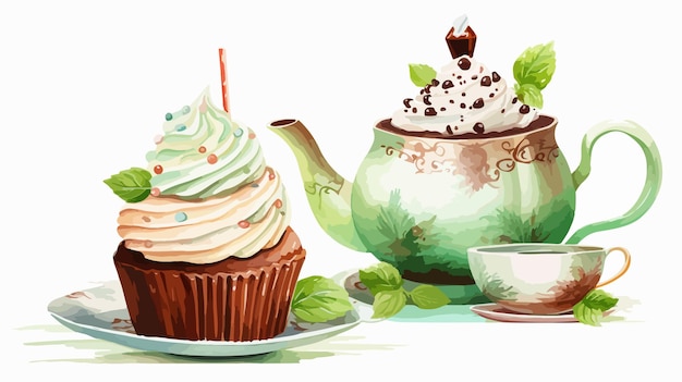 Vector set of teapot cupcake with mint cream and piece of chocolate