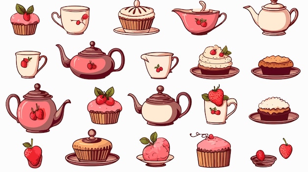 Set of Teapot Teacup and Collection of Sweet Bakery