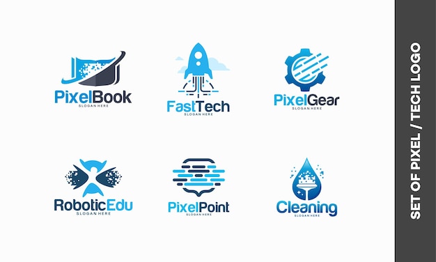 Set of Technology logo, Pixel Book logo,, Fast Tech, Pixel Gear, Robotic Education, Pixel Point logo, Cleaning Pixel logo template designs vector