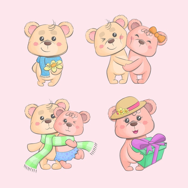 set of teddy bears couple isolated on pink