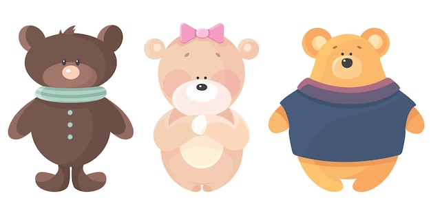 Set of teddy bears. Cute toys in cartoon style.