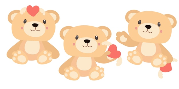 A set of teddy bears in different poses With toys in his hands a heart with wings Birthday