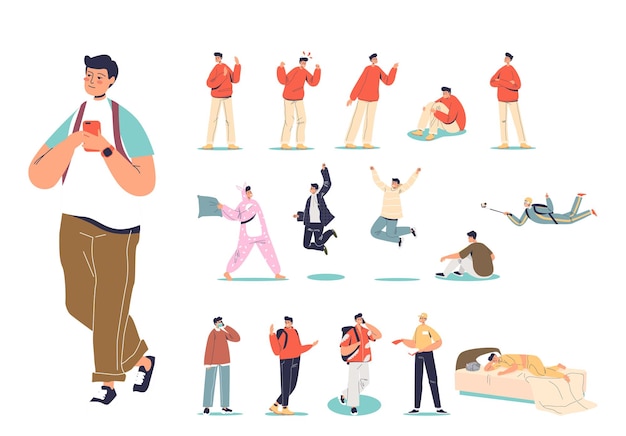 Set of teenager guy in different life situation and emotions. Cartoon male boy teenage character lifestyle: relax, chatting in smartphone, sleep, walk, speak. Flat vector illustration