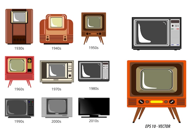 set of television history timeline or evolution television receiver in flat style