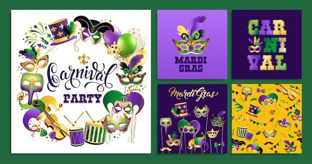 Set Template Carnival Masks on Background. Celebration Festive Border.