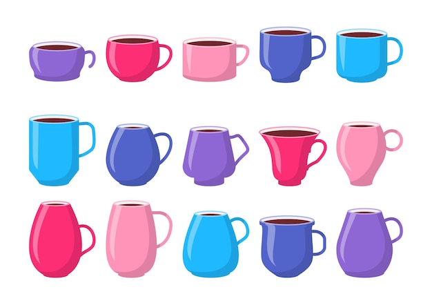 Set of template ceramic colorful mugs pink blue cups with coffee flat.