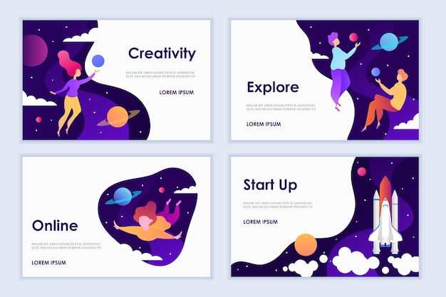 Set of templates for landing pages. Creative mind. Galaxy, sky, planets and stars. Rocket launch.