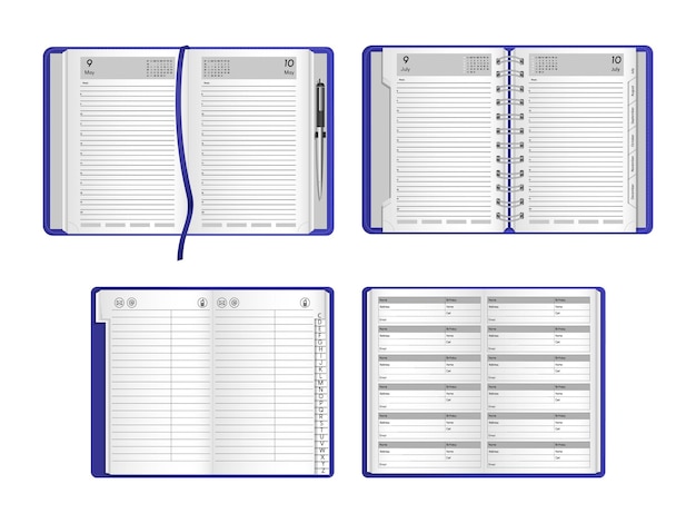 Set templates of realistic open notebooks diaries organizers