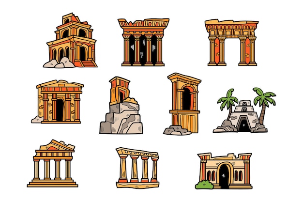 Vector a set of ten buildings with a variety of styles including a temple a palace