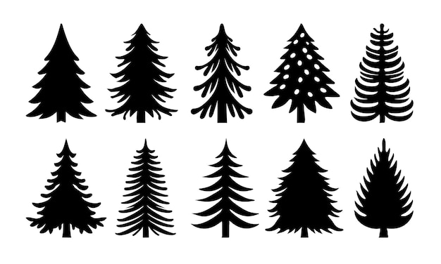 A Set of Ten Simple Pine Tree Icon Silhouette