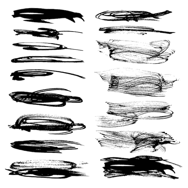 Set of textured thick strokes of black paint isolated on white background