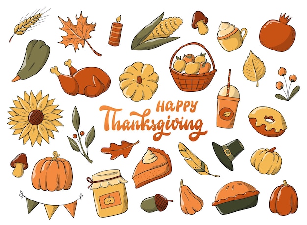 set of thanksgiving doodles and quote isolated for stickers, labels, prints